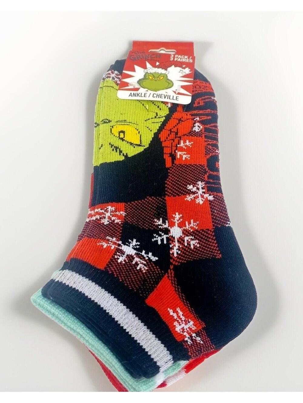 Dr. Seuss Grinch Christmas Unisex Ankle Socks 3-Pack Festive Holiday New